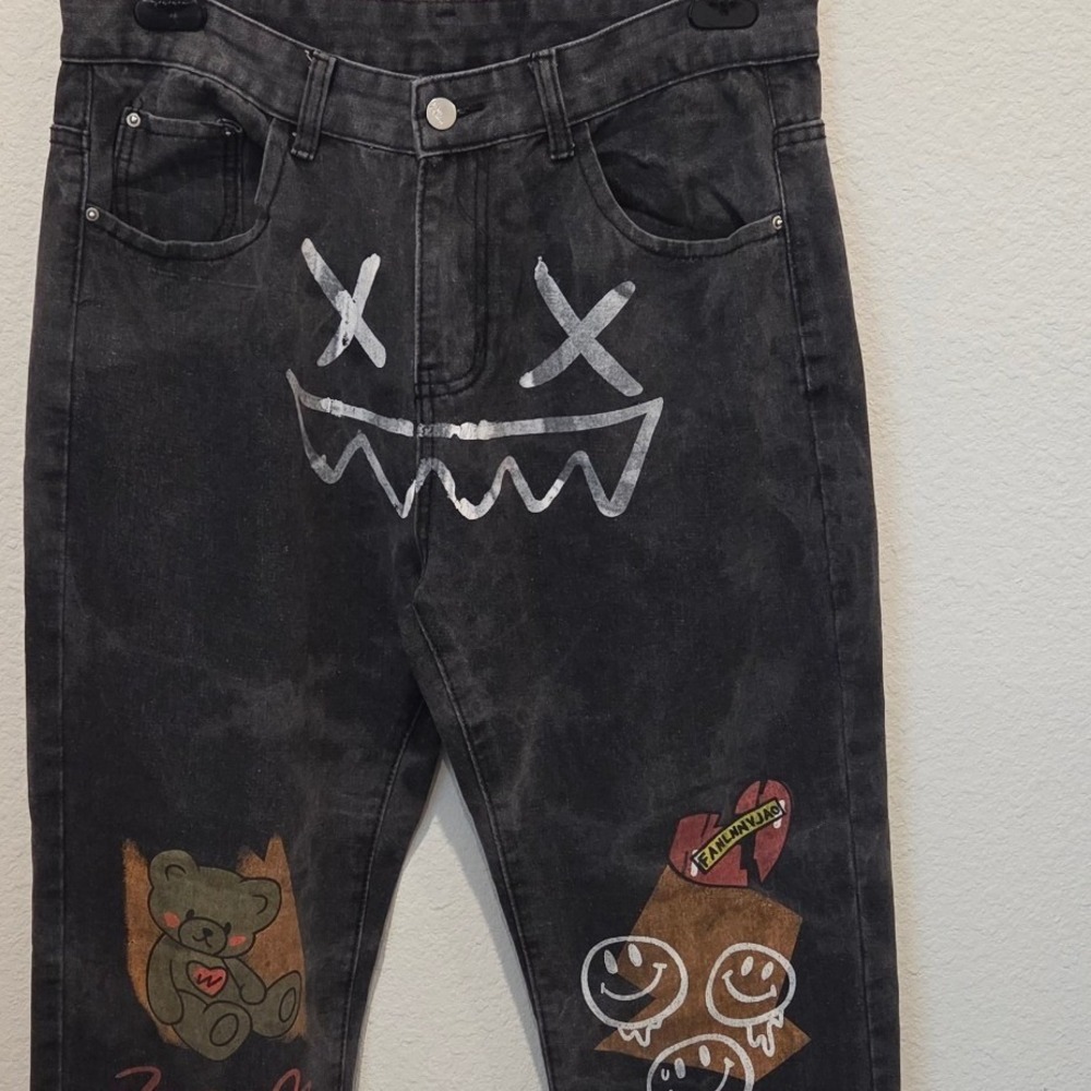 Unbranded Streetwear Graphic Jeans Straight‎ Leg Washed Black Graffiti Waist 32 - Picture 4 of 9
